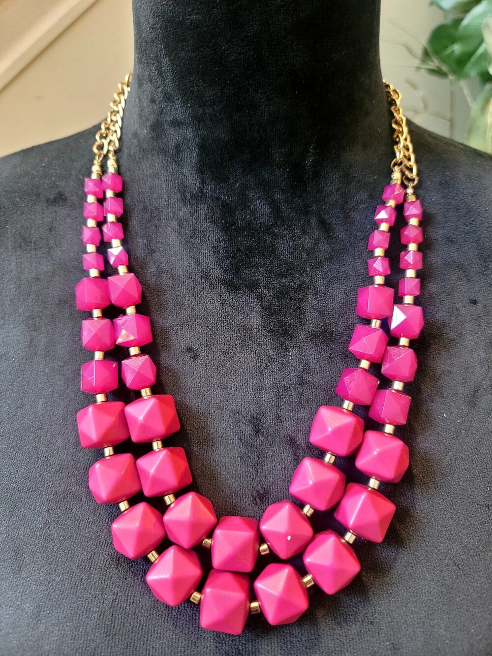Magenta Geometric Beaded Triple Strand Necklace Gold Tone Statement Bib Fashion